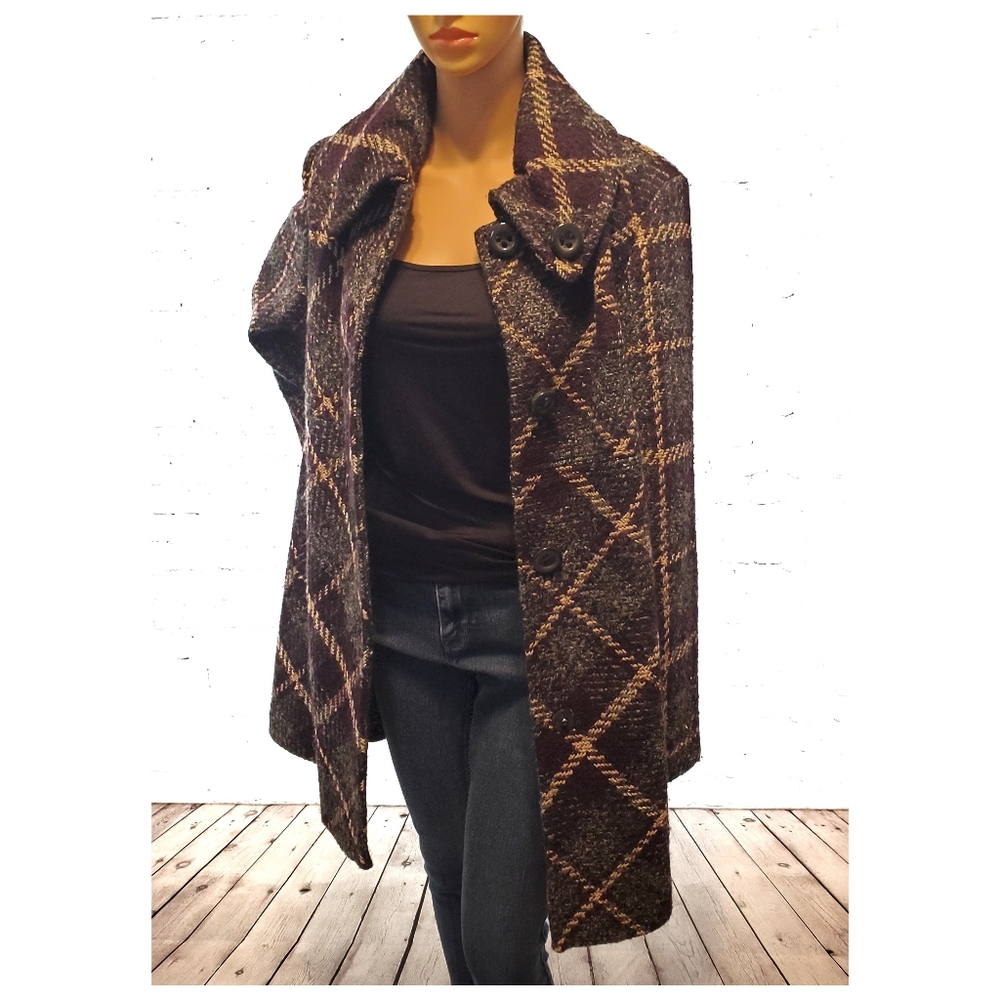 Larry Levine Grey and Maroon Wool Check Pea coat - Picture 3 of 8